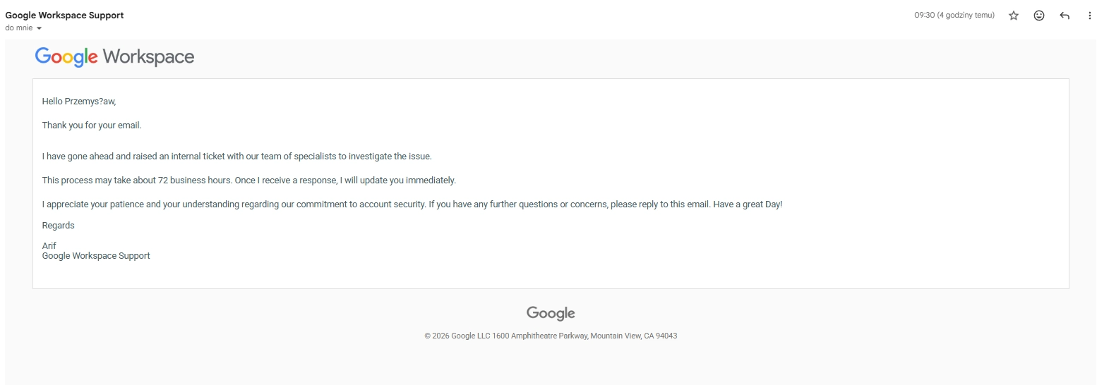 Potwierdzenie eskalacji Google Workspace - 09.03.2026